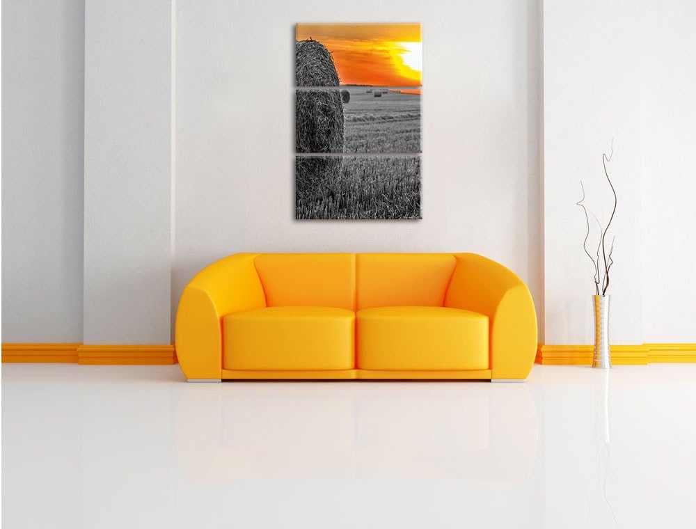 Pixxprint Strohballen bei Sonnenuntergang als Leinwandbild/Grösse: 3 Teilig (120x80) cm/Wandbild/Kun