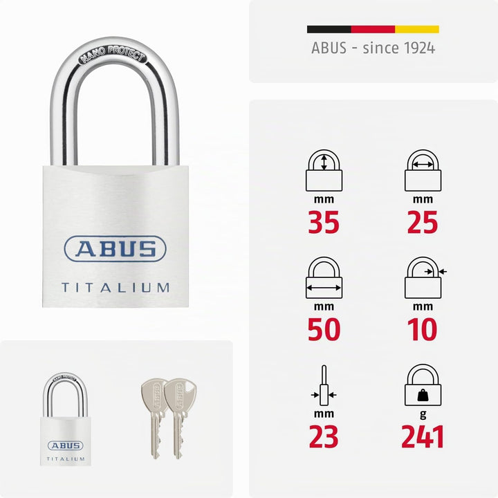 ABUS Titalium Vorhängeschloss 80TI/50 - Kellerschloss mit leichtem, massiven Schlosskörper aus Spezi
