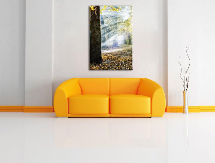 Sonnenstrahlen im Wald, Format: 100x70 auf Leinwand, XXL riesige Bilder fertig gerahmt mit Keilrahme