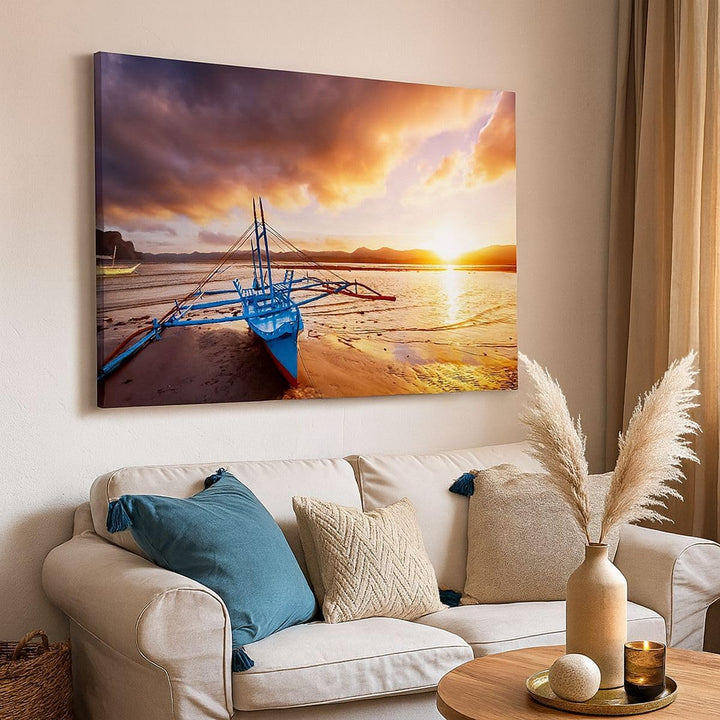 Bilder auf Leinwand Ufer Boot Strand Leinwandbild mit Rahmen 70x50cm Wandbilder Dekoration Wohnzimme