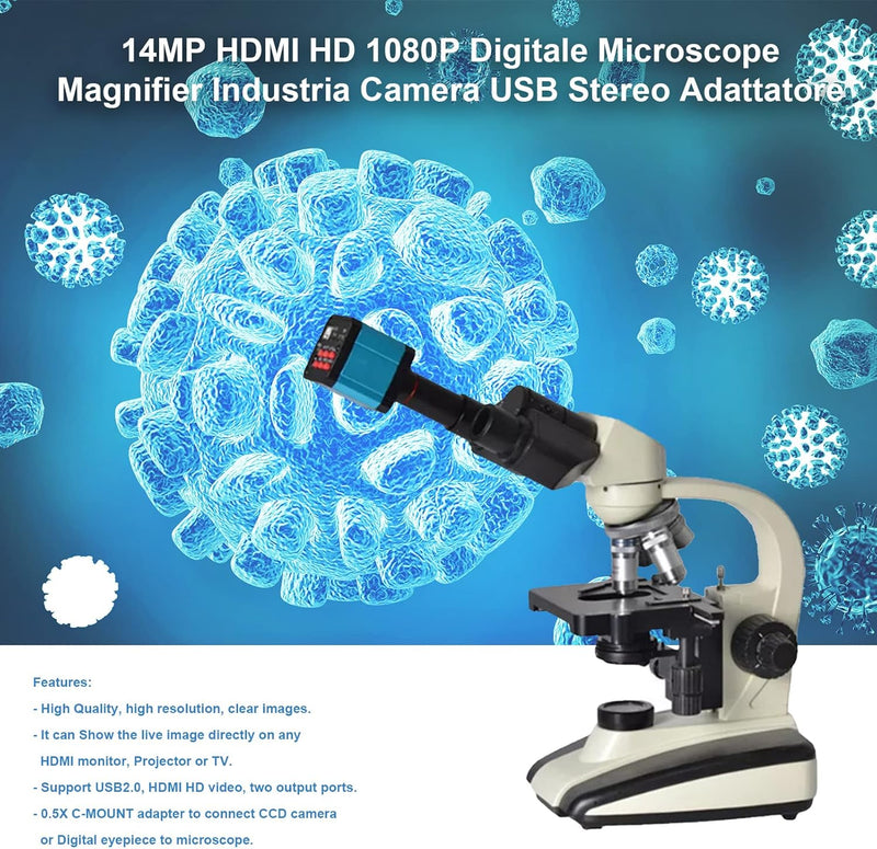 BuyWeek Digital Mikroskop Kamera, 14MP HDMI HD 1080P Industrie Mikroskop Lupe Kamera USB Stereo Mikr