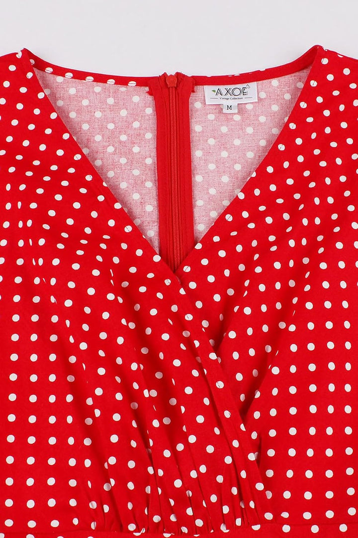 AXOE Damen 60er Jahre Kleid Cocktailkleid Abendkleid mit 3/4 Ärmel S Polka Dot Rot, S Polka Dot Rot