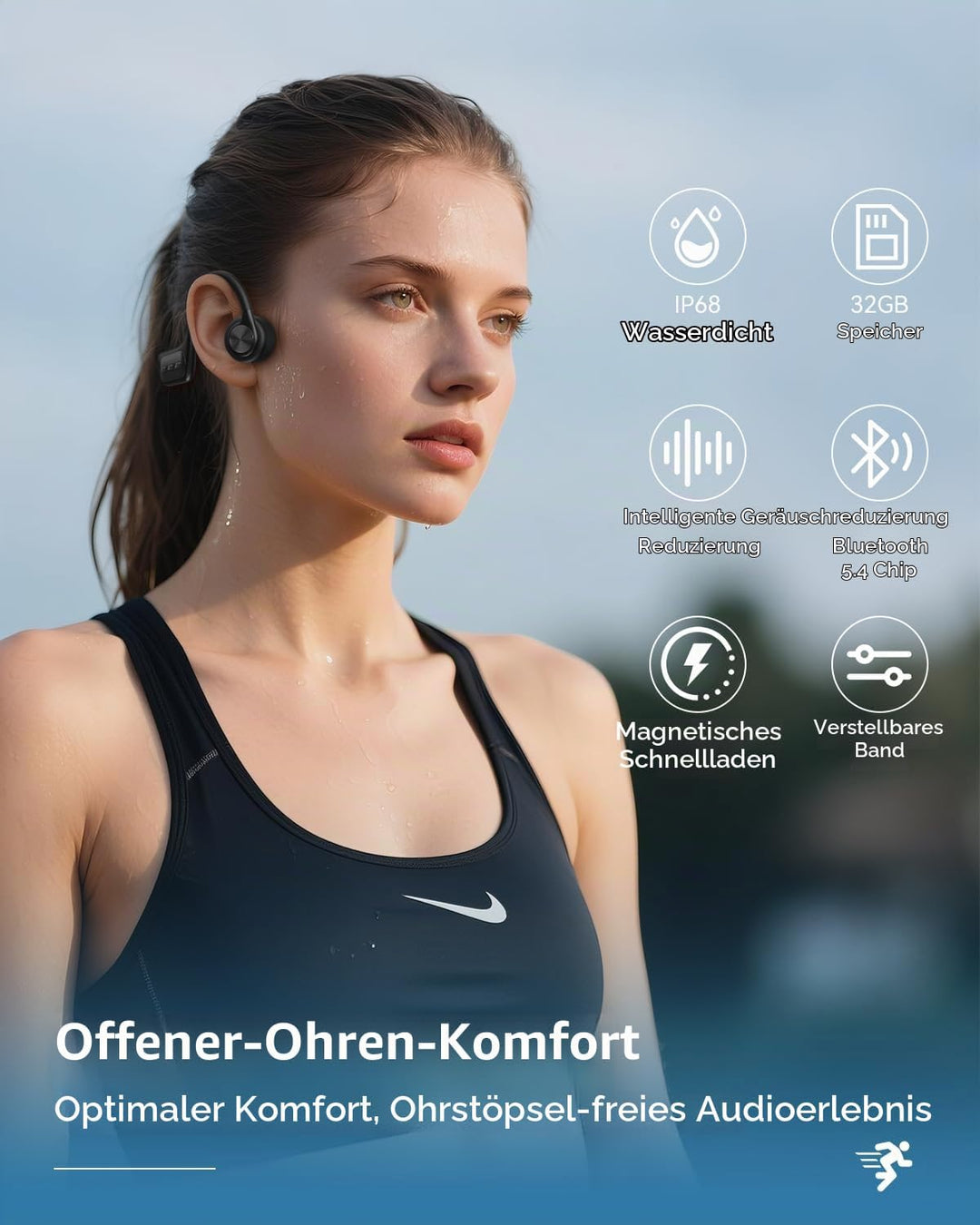 Wantek Kopfhörer Schwimmen,Knochenschall Kopfhörer Bluetooth,IP68 wasserdichte BC3-WANTEK-B1, BC3-WA