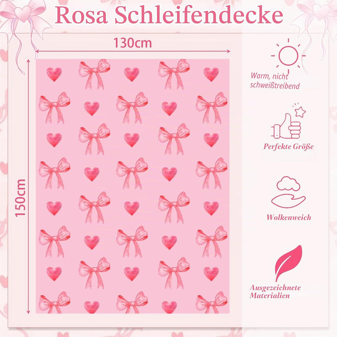 Rosa Schleife Flauschig Kuscheldecke, Decke Aesthetic mit Schleifen und Herzen, Kuscheldecke 130x150