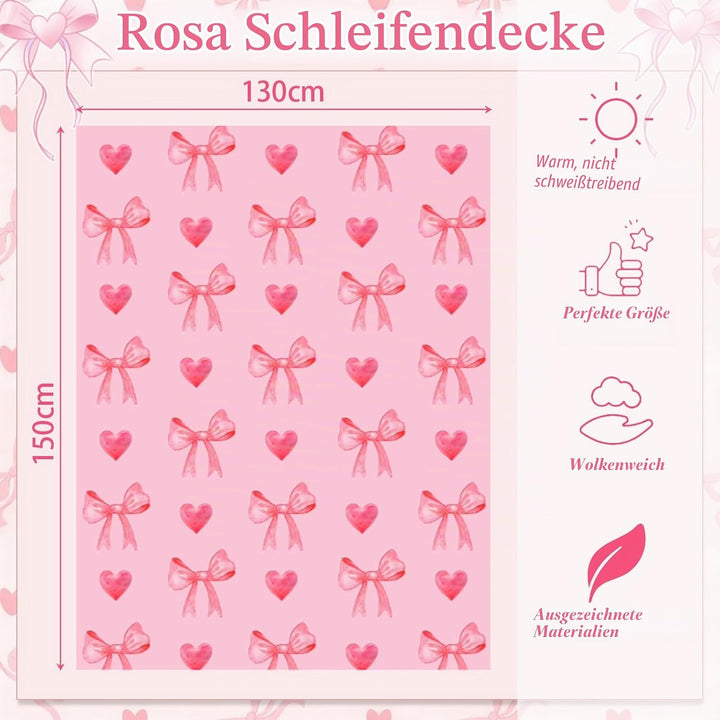 Rosa Schleife Flauschig Kuscheldecke, Decke Aesthetic mit Schleifen und Herzen, Kuscheldecke 130x150