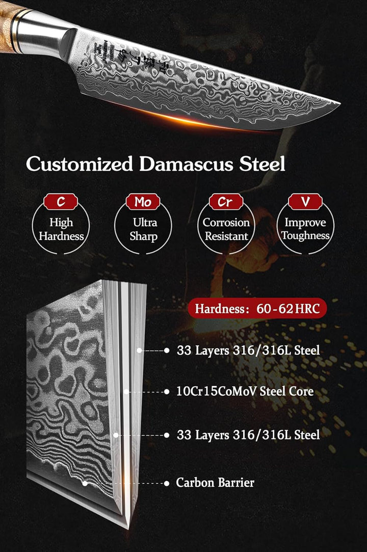 HEZHEN 6PCS Damaskus-Steakmesser Küchenmesser-Set Professionelles geschmiedetes mit hohem Kohlenstof