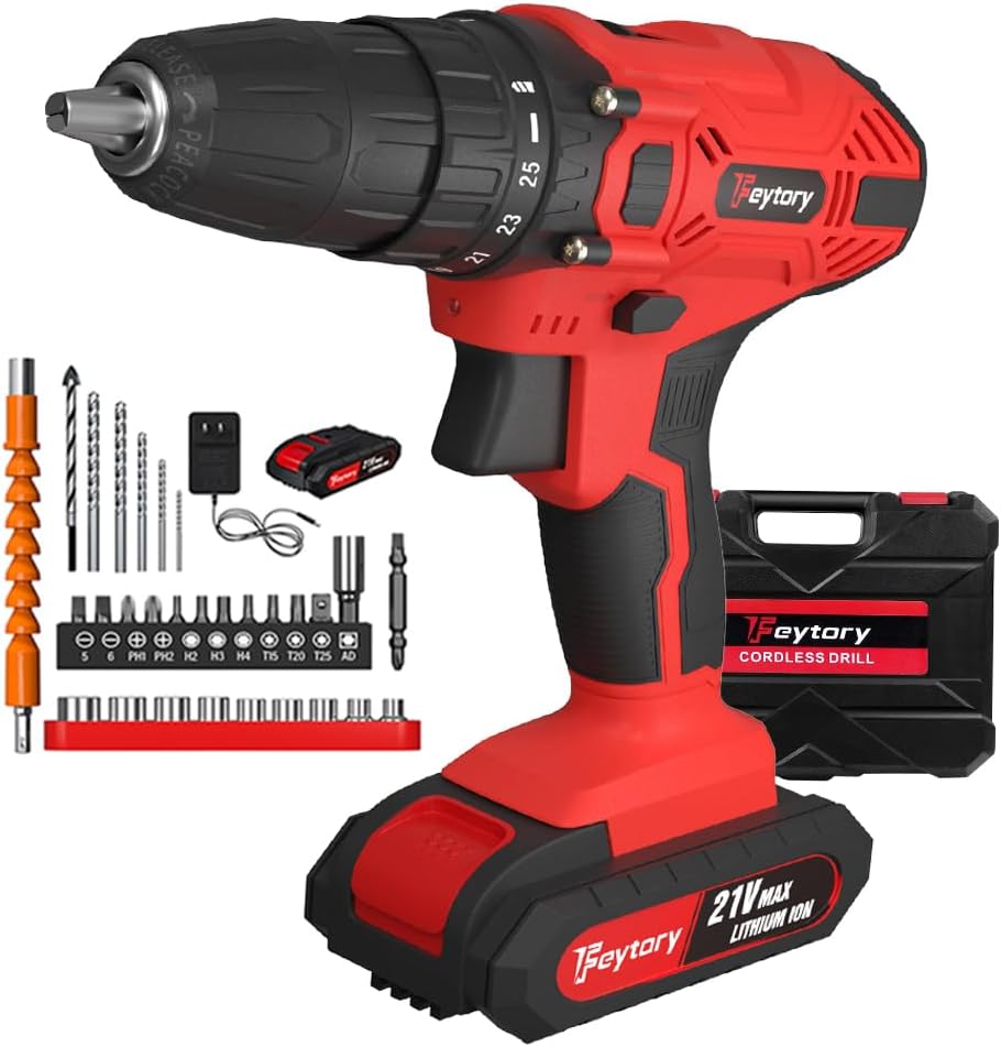 Akku Bohrmaschine 21V Akku Akkuschrauber Set mit 3/8'' Metallfutter, 25+1 Drehmomentstufen, LED-Lich