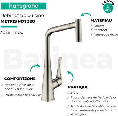 hansgrohe Metris Einhebel-Küchenarmatur, Komfort-Höhe 320mm mit ausziehbarer Brause und Schwenkausla