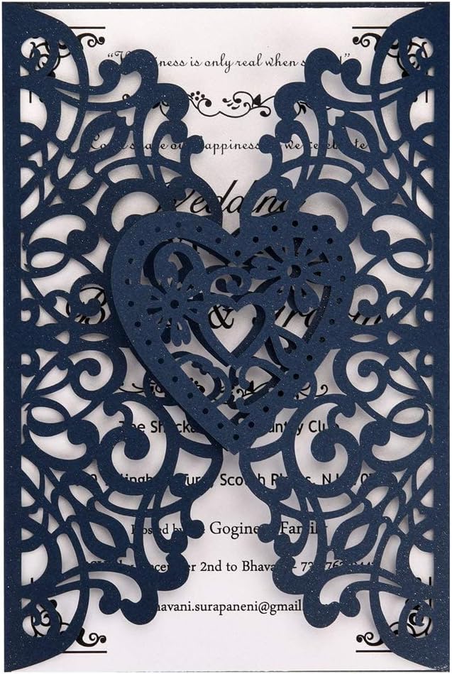 FOMTOR Laser Cut Hochzeitseinladungen Kit 50 Packungen Marineblau Hochzeitseinladungen mit bedruckba