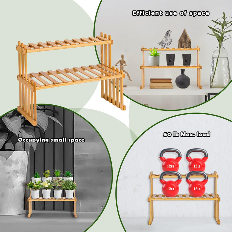 2-stöckiges Bambus-Pflanzenregal, 40 cm Innen-Sukkulentenständer, Multi-Pflanzenständer, Tisch-Pflan