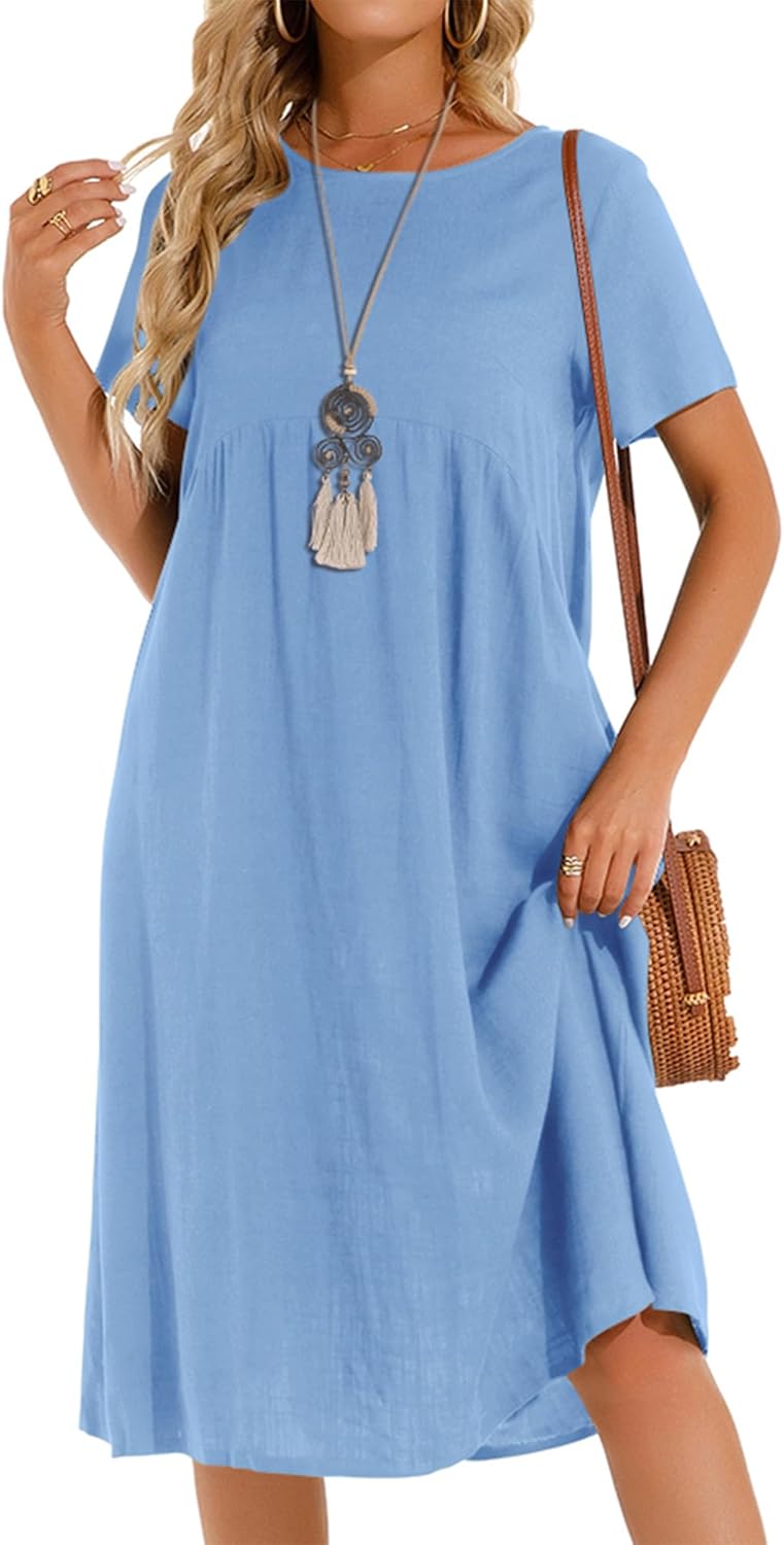 Sommerkleid Damen Leinen Kleider Casual V-Ausschnitt Midikleid Kurzarm A-Linie Kleid Strandkleid Ohn