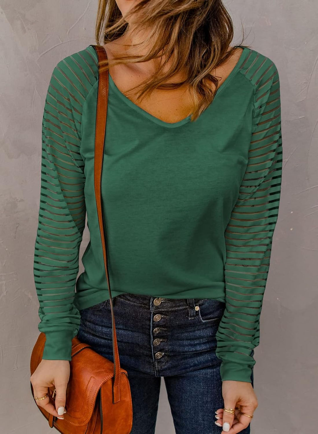 Damen Oberteile Streifen Mesh Langarmshirt Casual V-Ausschnitt Bluse Shirt Tops S-XXL, Aa Grün