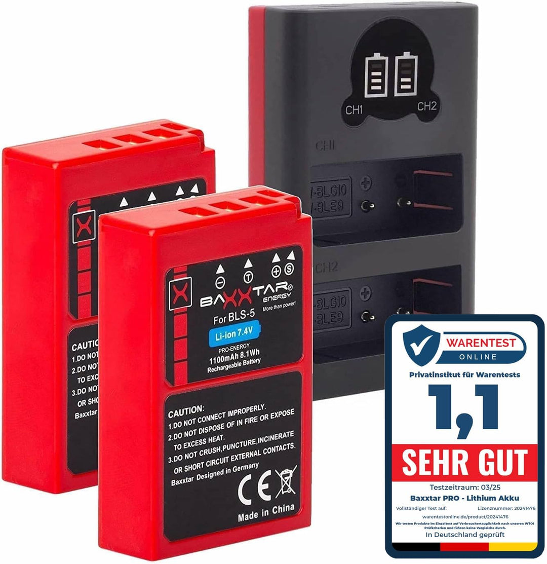 Baxxtar PRO BLS-5 BLS-50 Akku-Pack/echte 1100mAh / kompatibel mit OM-System Olympus - mit Ladegerät