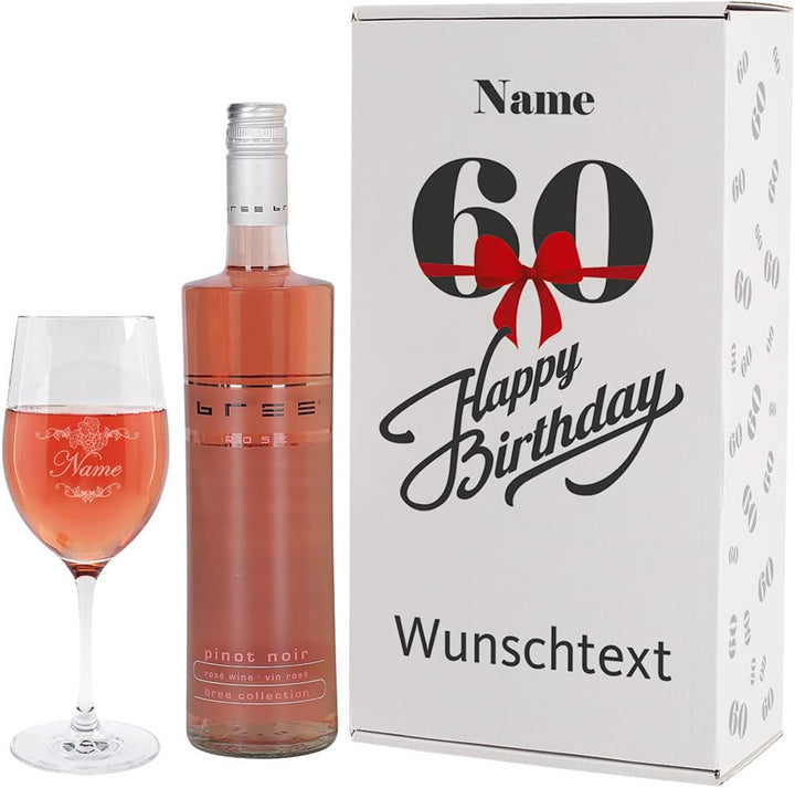 Herz &amp; Heim® Geburtstagsgeschenk zum 60. Geburtstag - Bree Wein-Präsent mit graviertem Weinglas in G