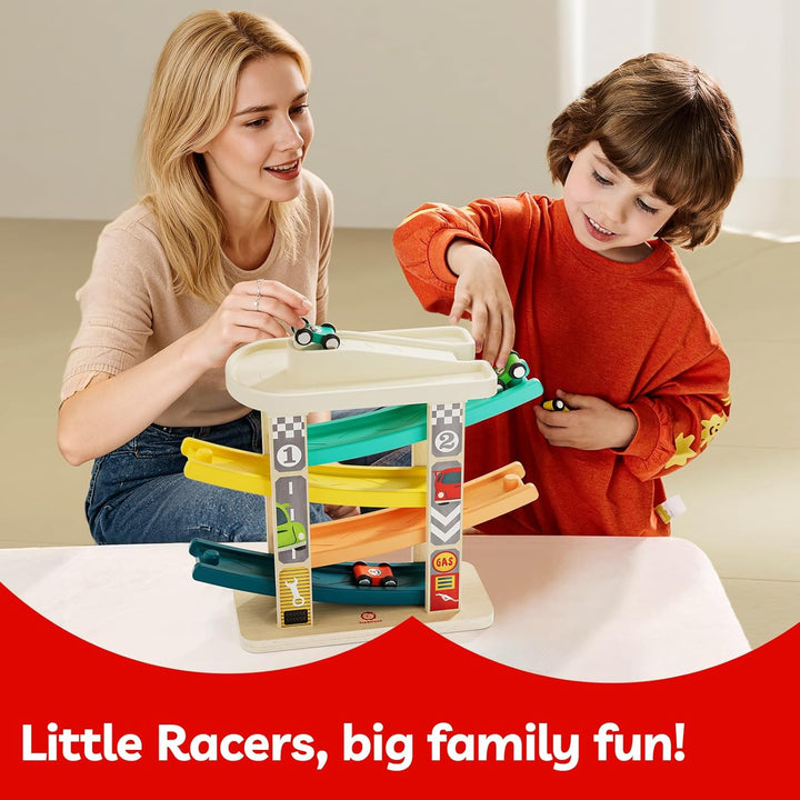 TOP BRIGHT Kugelbahn Autorennbahn aus Holz mit 4 Autos - Kinderspielzeug Geschenke für Kinder, Baby