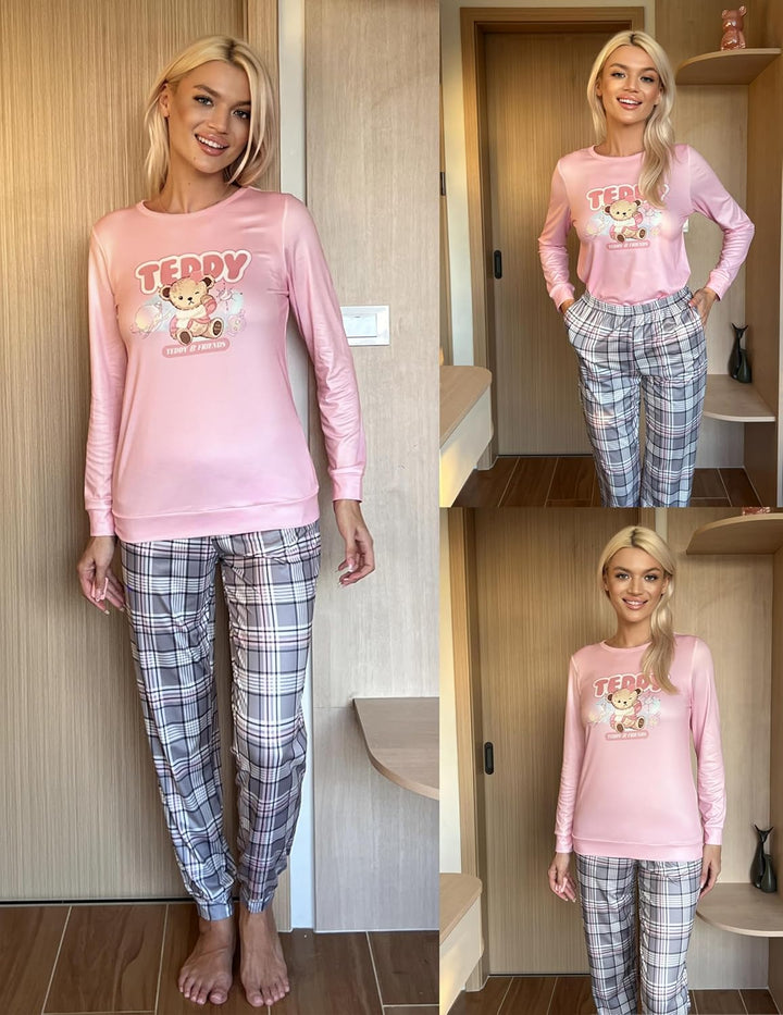 Ekouaer Schlafanzug Damen Lang Kuschelig Pyjama Set mit Bündchen Kariert Pyjamahose mit Tasche Pink