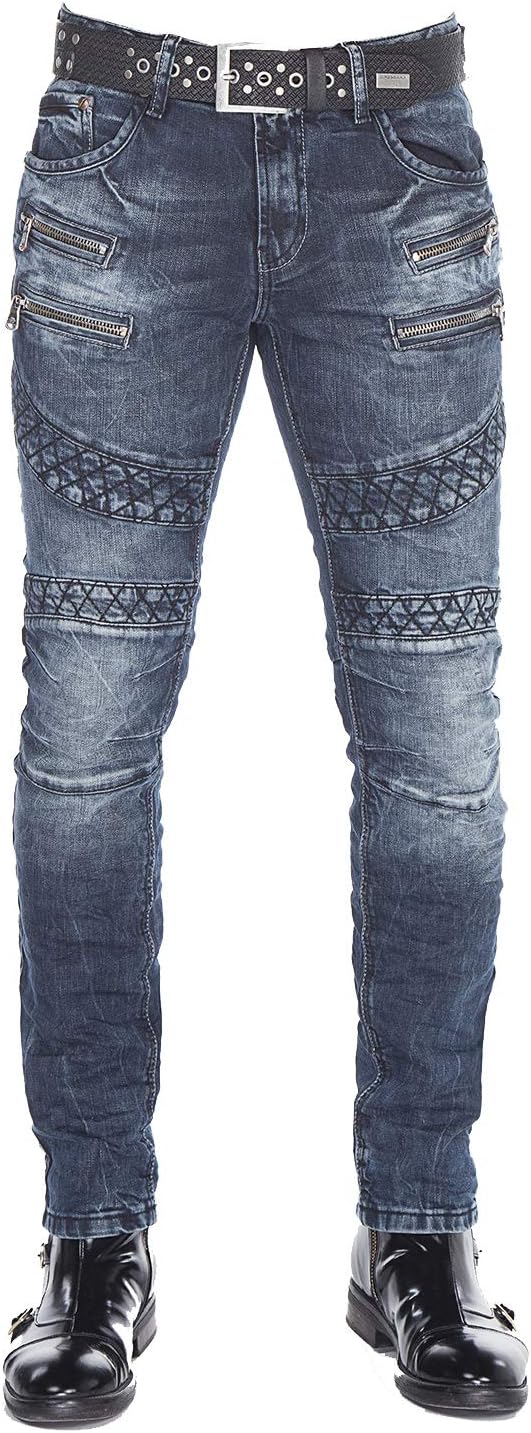 Cipo Baxx Herren Skinny Jeans Hose Biker Hose mit Zipper Slim Fit Denim Darkblue W30 L34