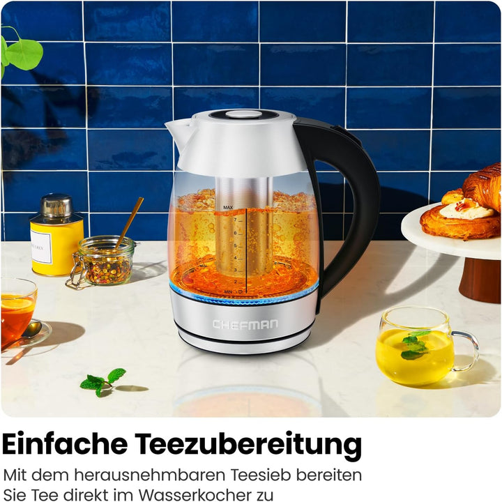 Chefman Elektrischer Wasserkocher Glas mit Teesieb, 1.8 Liter, LED-Anzeige, Abnehmbarer Deckel für L