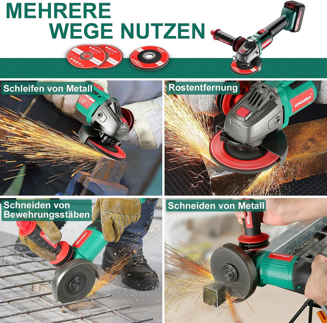 Winkelschleifer, HYCHIKA 18V Akku-Winkelschleifer 8500 U/min mit 3 Schleifscheiben, 4,0-Ah-Akku, Hil