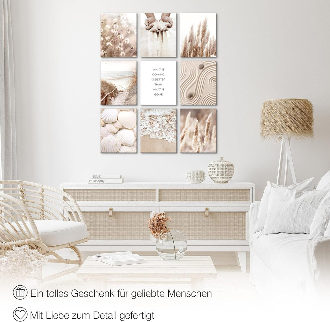 Novart Wandbilder Boho - KOMPLETT AUFHÄNGFERTIG - Pampas Wohnzimmer Schlafzimmer- 9 Moderne Mood-Bil