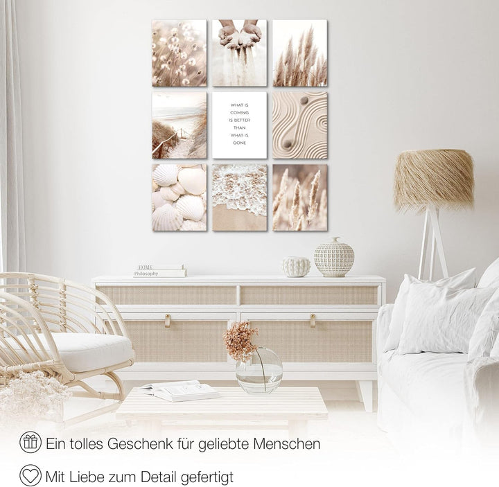 Novart Wandbilder Boho - KOMPLETT AUFHÄNGFERTIG - Pampas Wohnzimmer Schlafzimmer- 9 Moderne Mood-Bil