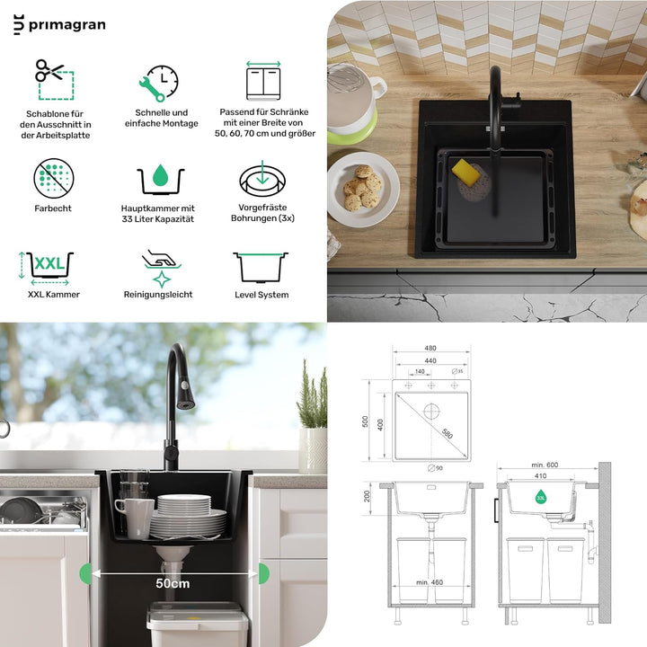 PRIMAGRAN Granitspüle Weiss 48x50cm, Granitspüle 1 Becken + Ablauf-Set, Küchenspüle ab 50er Untersch