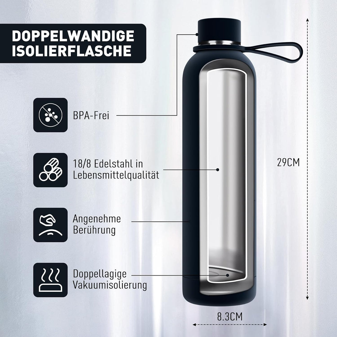 Exllena Edelstahl Trinkflasche 1l Hält Getränke 24 Stunden kalt/ 12 Stunden warm, Wasserflasche 1l 1