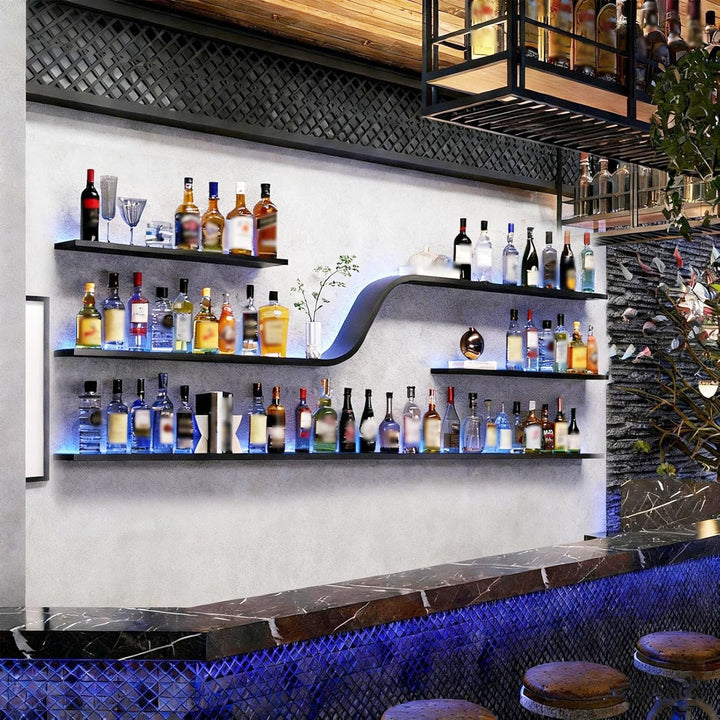 150cm Wand Weinregal mit LED Beleuchtung, Moderne geschwungene schwebende Bar Regal, Wandmontage Win