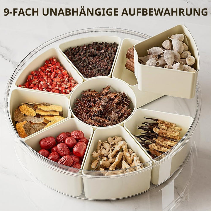 Snackbox mit Fächern, Rund Grosse Snackdose mit 9 Fächern, Deckel, Griff, 4 Gabel, Snackteller mit D