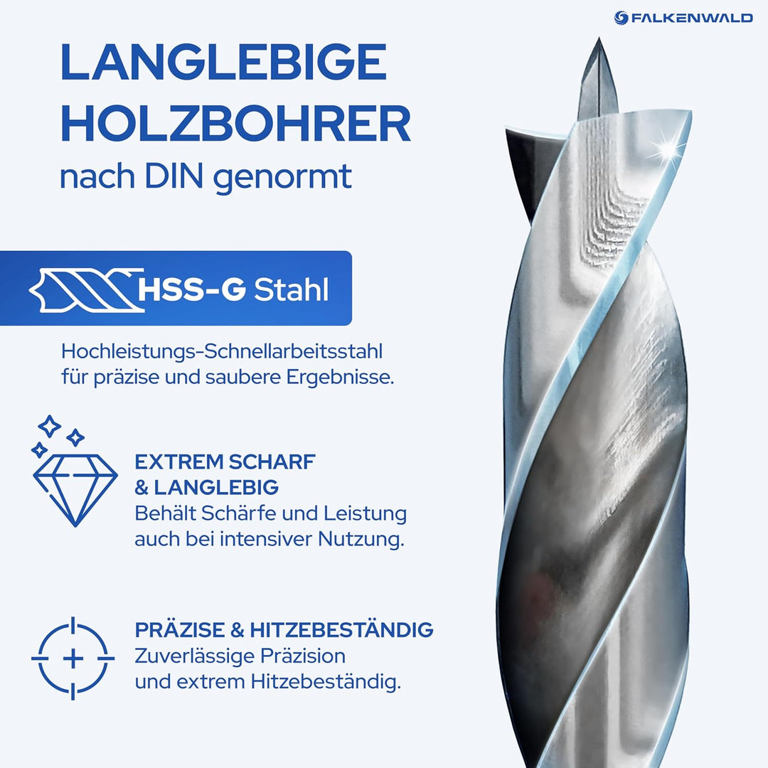 Falkenwald Holzbohrer Set 1-13mm + Kegelsenker 26tlg. - HSS-G Bohrerset für präzise und saubere Bohr