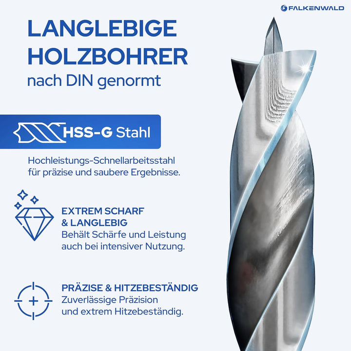 Falkenwald Holzbohrer Set 1-13mm + Kegelsenker 26tlg. - HSS-G Bohrerset für präzise und saubere Bohr