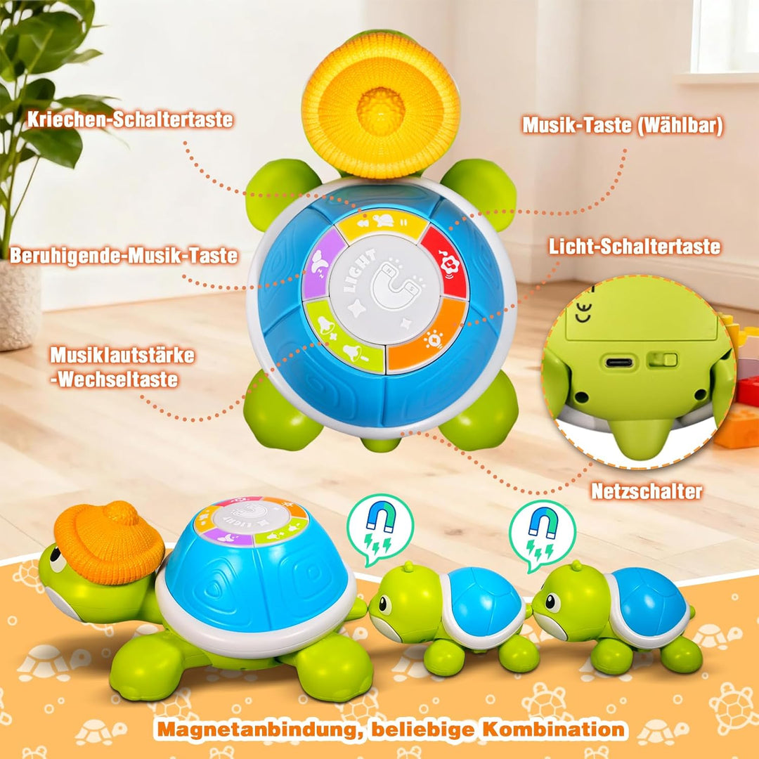 Baby Krabbel Spielzeug ab 3 6 9 Monate, 3 PCS Schildkröten Krabbelspielzeug mit Licht und Musik, Frü