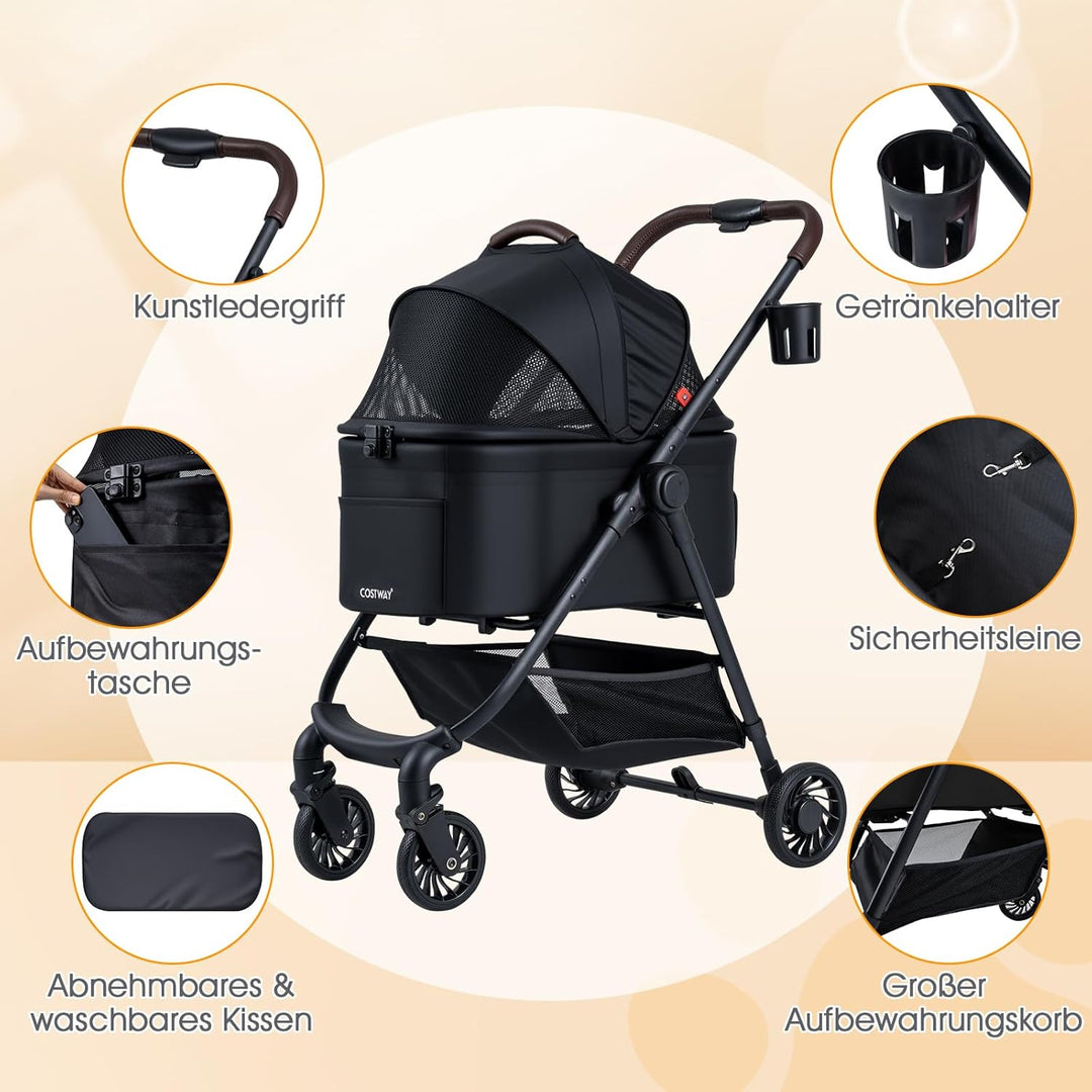 COSTWAY 3 in 1 Hundewagen, Hundebuggy mit verstellbarem Netzdach & Korb & Getränkehalter, Haustiere