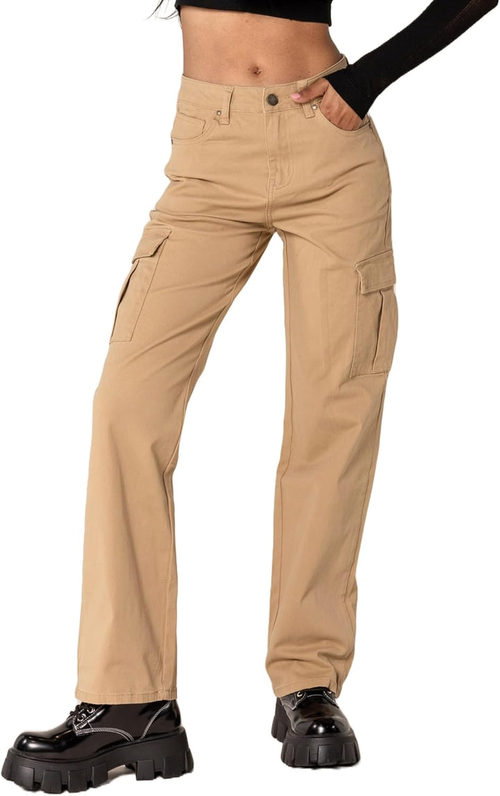 Nina Carter Q1885 Damen Cargo Jeans High Waist Cargohose Stretch Straight Leg Hose S Beige (Q1885),