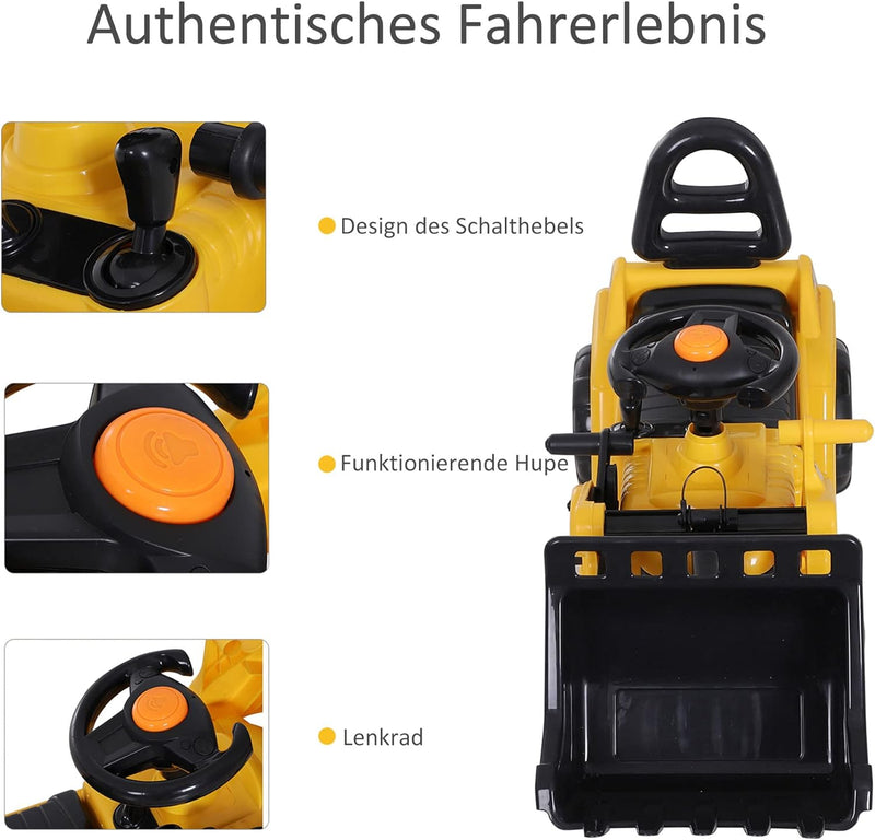 HOMCOM Sitzbagger mit eingebautem Ablagefach Kinder Rutschauto Traktor Kinderbagger mit Hupe Rutsche