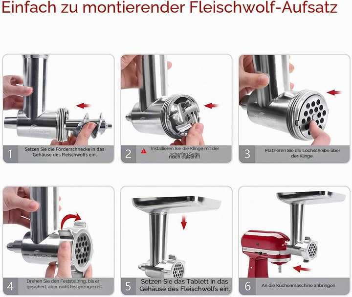Fleischwolf Aufsatz für Kitchenaid Standmixer Inklusive 3 Wurstfüllhörner 2 Schleifklingen 4 Mahlsch