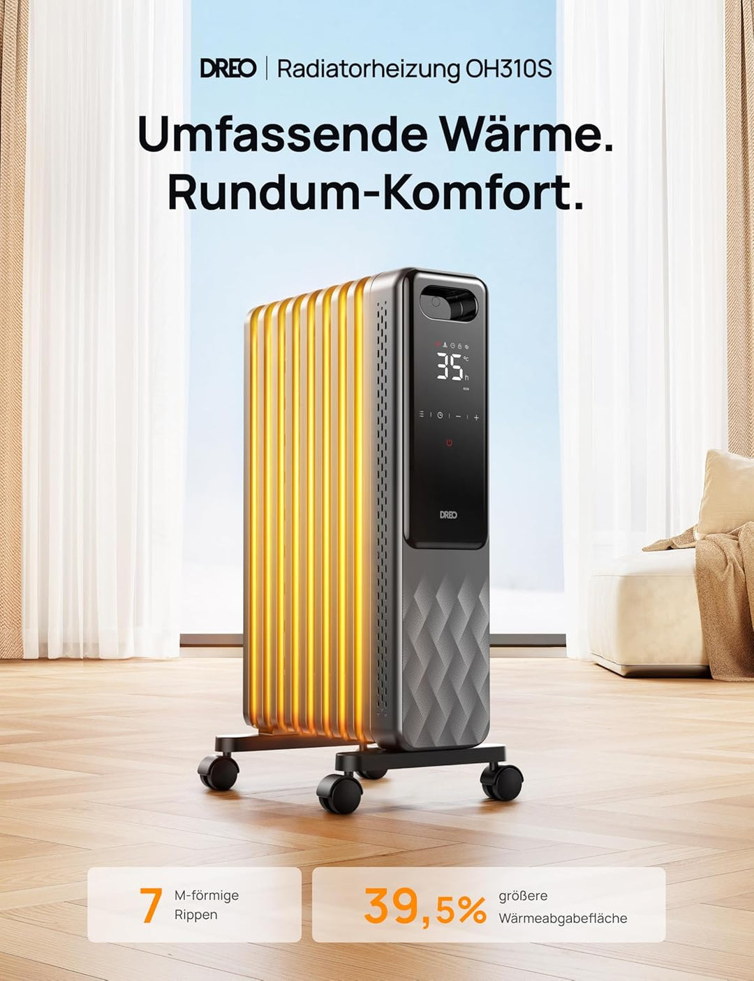 Dreo Ölradiator Energiesparend 2000W, Mobile Elektroheizung 9 Rippen mit Fernbedienung, 3 Heizstufen