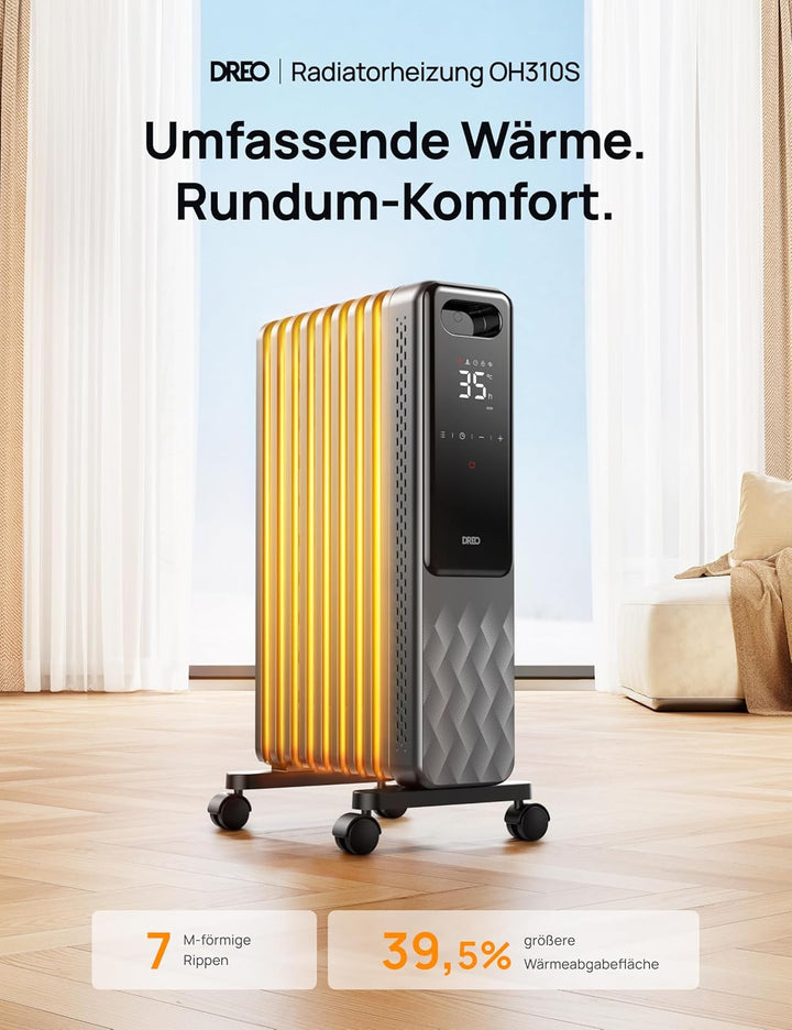 Dreo Ölradiator Energiesparend 2000W, Mobile Elektroheizung 9 Rippen mit Fernbedienung, 3 Heizstufen