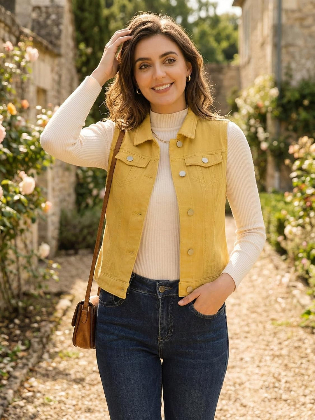 Allegra K Damen Jeansweste Ärmellos Knopfleiste Denim Rever Jacke Westen mit Taschen XL Gelb, XL Gel