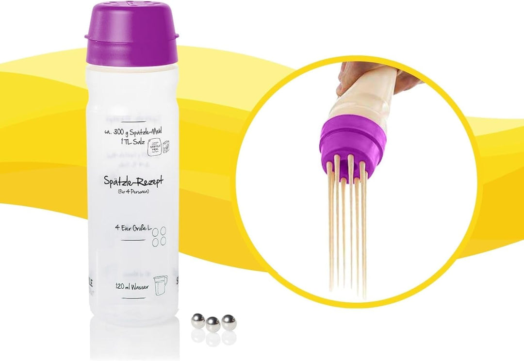 Spätzle-Shaker (LILA) für 4 Portionen selbstgemachte Spätzle (875ml) Spätzlepresse und Mixer in eine