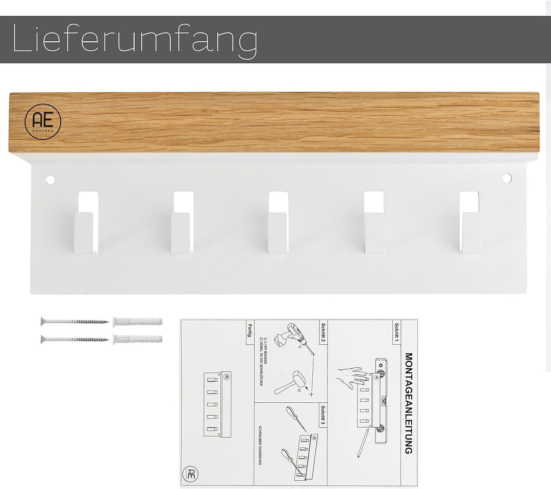 AE Günther® Schlüsselbrett Holz - Schlüsselhalter Weiss Stahl - Schlüsselboard Eiche - Schlüssel org
