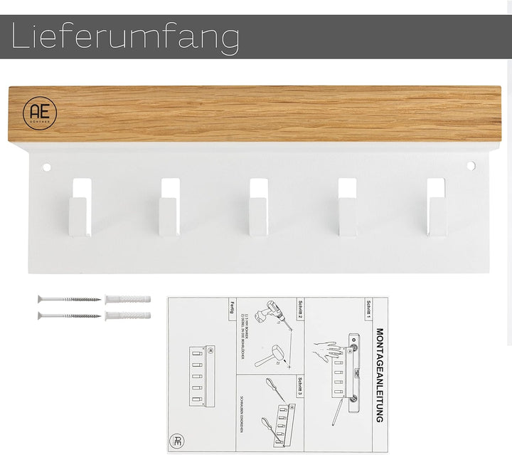 AE Günther® Schlüsselbrett Holz - Schlüsselhalter Weiss Stahl - Schlüsselboard Eiche - Schlüssel org