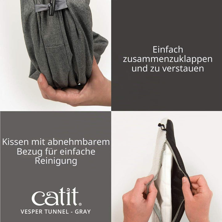 Catit 41996 Vesper Tunnel, für Katzen, mit Schlafkissen, grau , Black, Black