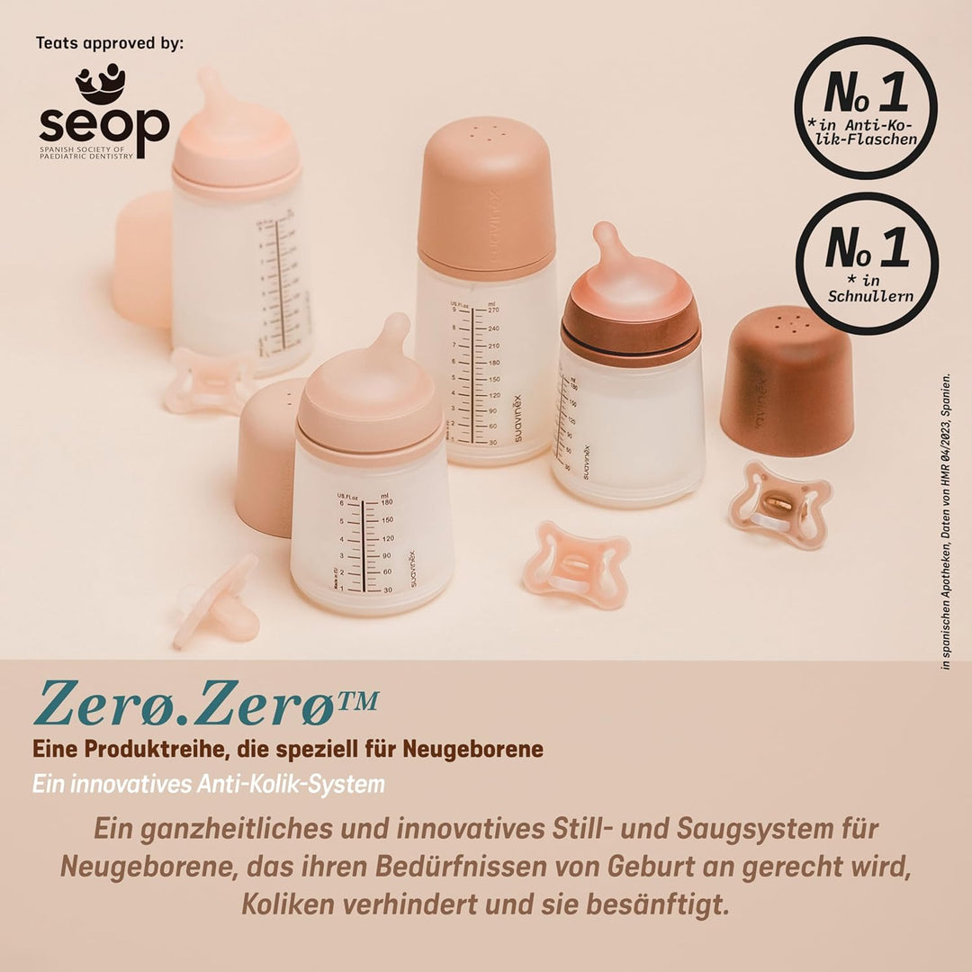 Suavinex, 2er Pack Anti-Colic Babyflasche Zero Zero,mit mittlerem Silikonsauger (M), für Babys ab 3