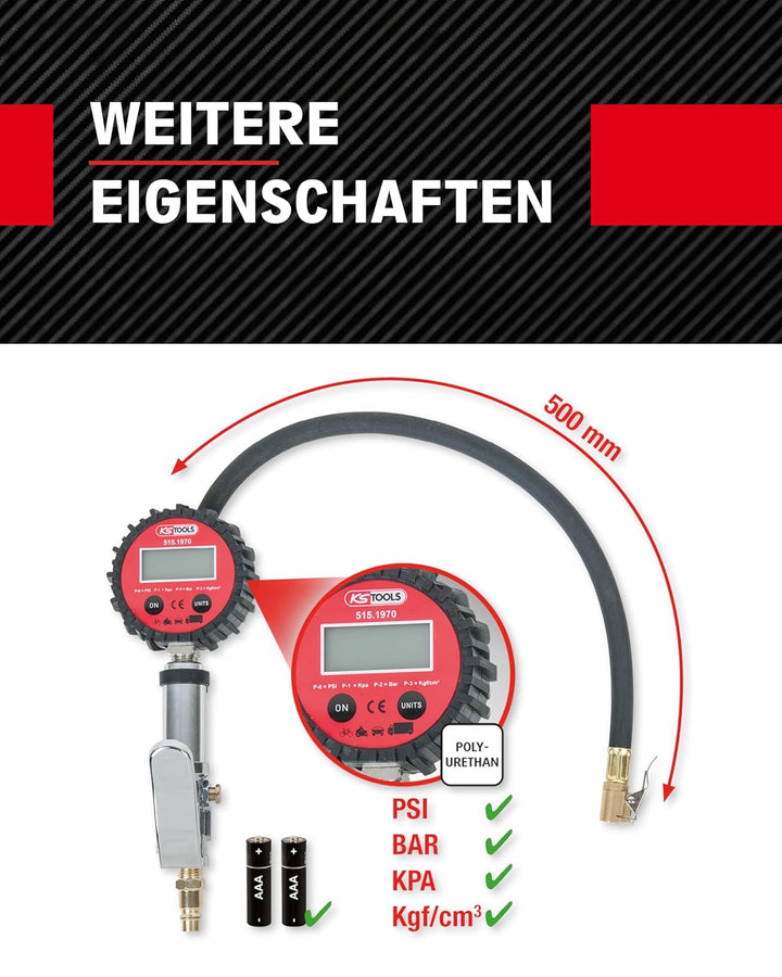 KS Tools Reifendruckprüfer digital 515.1970 0-14 Bar I Druckluft-Reifendruckfüller mit Manometer mit