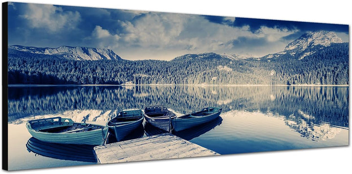 Paul Sinus Art Panoramabild auf Leinwand und Keilrahmen 120x40cm Montenegro Waldsee Boote Steg Berge