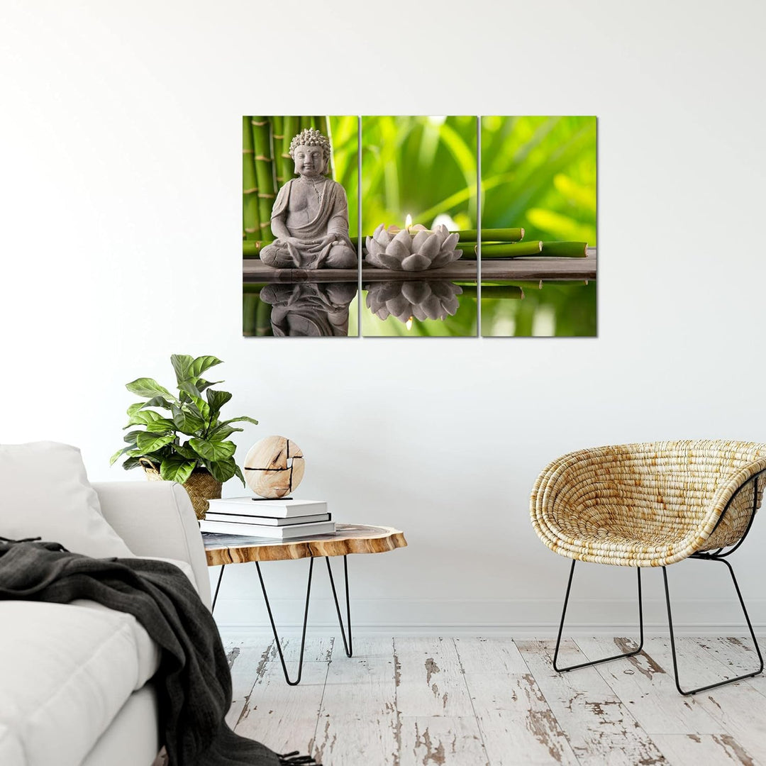 Runa Art Wandbilder Feng Shui Buddha Bild XXL Wohnzimmer Schlafzimmer Grün Spa Relax 120 x 80 cm 3 T