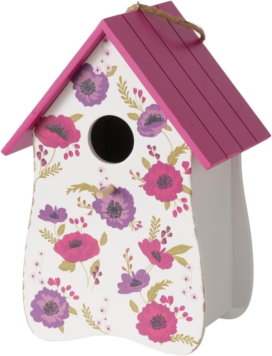 Vogelhaus Anouk aus Holz, Pink und Lila, Florales Design, zum Aufhängen, 15 x 12 x 22 cm, FSC 100%
