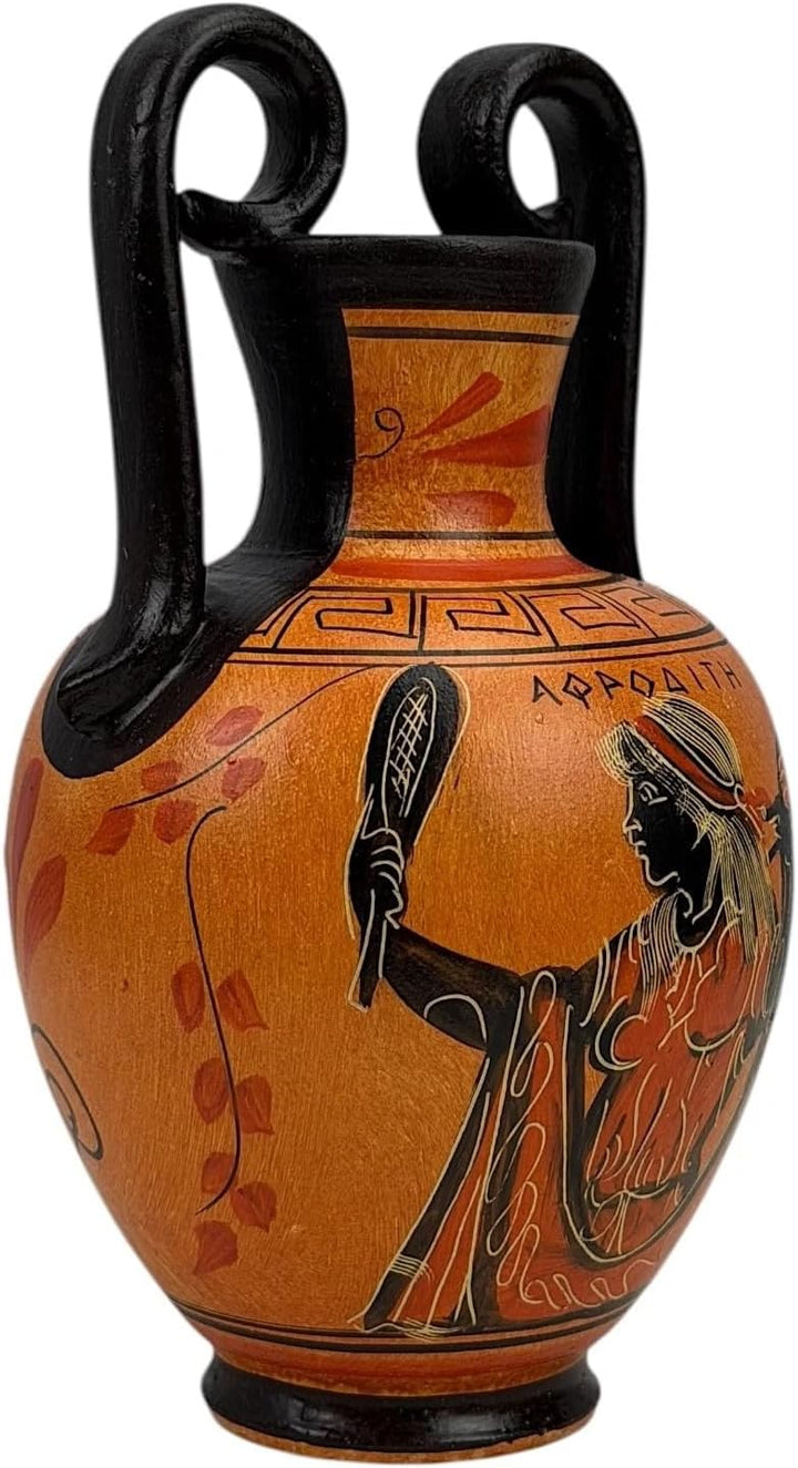 Griechische schwarze Keramik-Vase, Topf mit Töpferei, Göttin Aphrodite, 17 cm