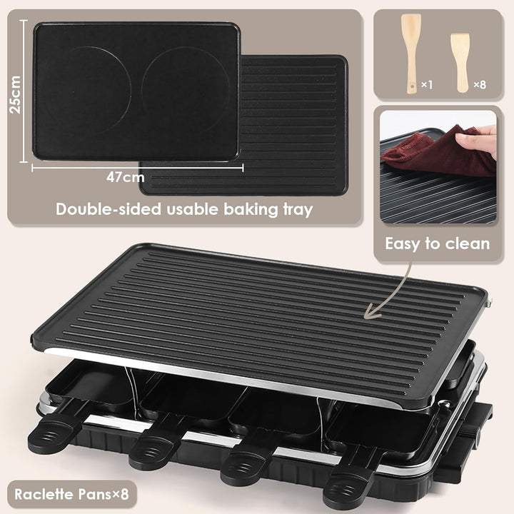 Raclette 8 Personen - Antihaft-Beschichtung Raclette Grill Elektrisch mit 8 Mini Raclette Pfännchen